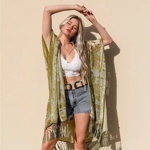 Crushed Velvet Kimono Robe Cover Up with Fringe, Green Spring Summer